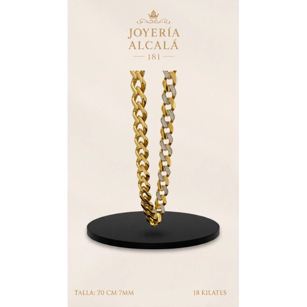Cadena cubana circonitas y cierres de oro 18k 70 cm